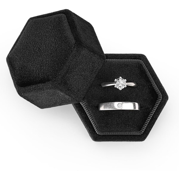 Smyckeskrin i sammet för ringar, hexagonformat premium vackert vintage dubbel ring presentask med avtagbart lock för ceremoni (Svart) Black