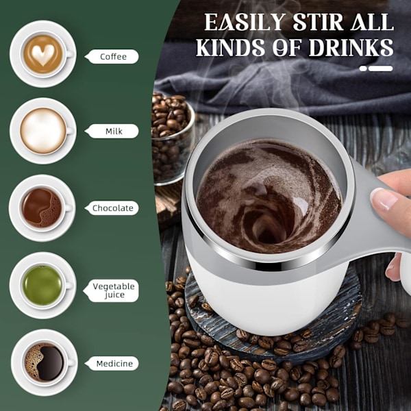 Elektrisk Blandningsmugg, Självrörande Kaffemugg i Rostfritt Stål, Automatisk Magnetisk Omrörning av Kaffe White