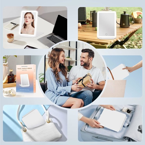 Uppladdningsbar Sminkspegel med LED-lampor, Portabel Belyst Resespegel, 3-färgsbelysning, Dimbar Touchskärm, Vit White