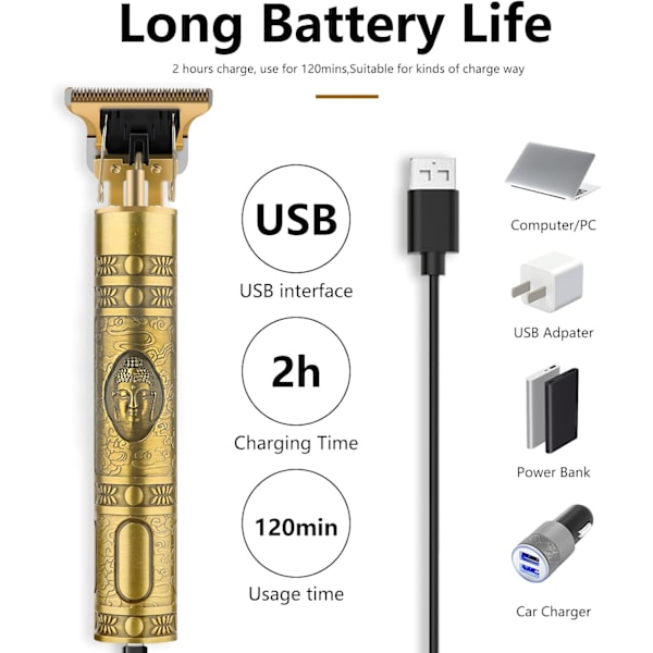 Hårklippare för män 4-delars Limited Edition-kam, elektrisk skäggtrimmer med vattentätt T-blad, USB-laddare (Guld)