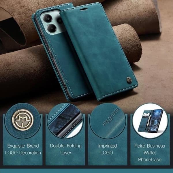 Fodral för Xiaomi Redmi Note 14 5G - Premium Plånboksfodral i Läder - Blå-Grön Redmi Note 14 Redmi Note 14 Blue