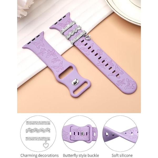 Blommigt Graverade Bandringar Öglor Kompatibla med Band 40mm 38mm 41mm, Silikonband - Lila/Silver vågiga ringar (band ingår ej) Purple