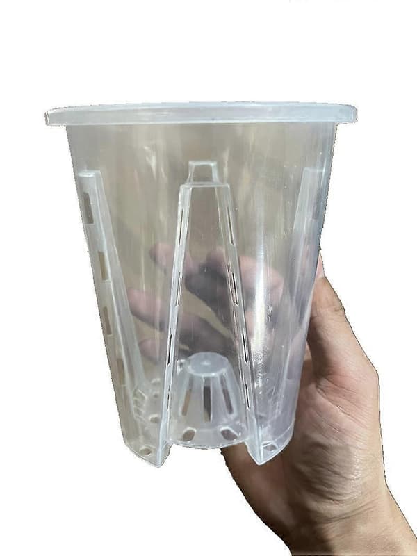 Sæt med 2 potter, diameter 14 cm, i transparent plast til orkideer, stabile vaser med drænhuller og underskål
