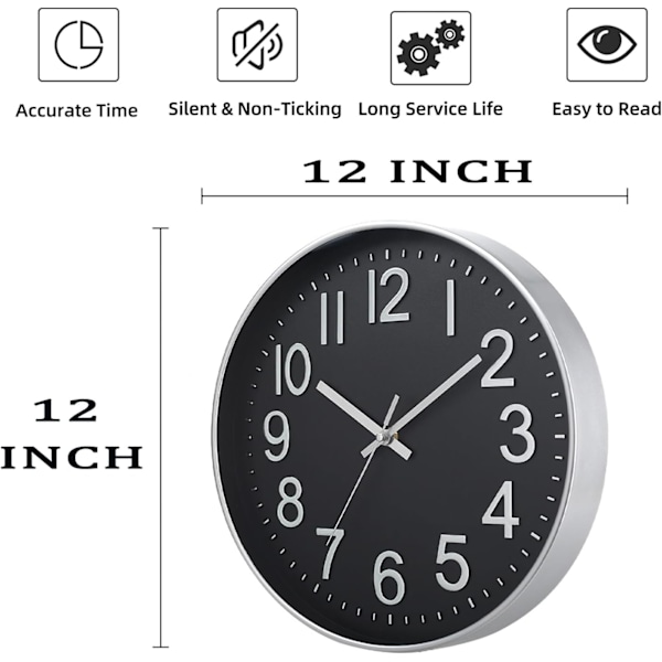 Väggklocka 30 cm, Tyst Icke-Tickande Modern Väggklocka, Batteridriven, för Kontor, Hem, Kök, Skola, Vardagsrum, Svart