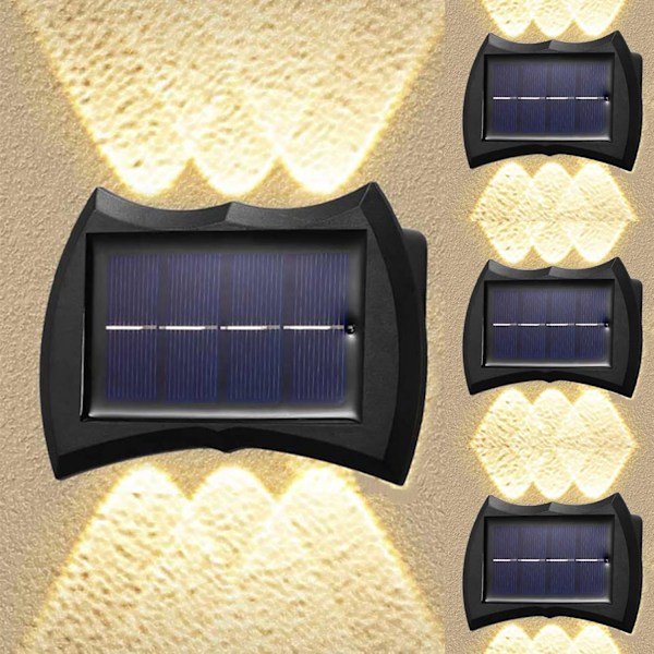 Solcellsvägglampor Utomhus, 4-pack 6 LED Solcellslampor, IP65 Vattentäta Upp och Ner Solcellslampor för Utomhus Staket Gård Uteplats, Varmvitt