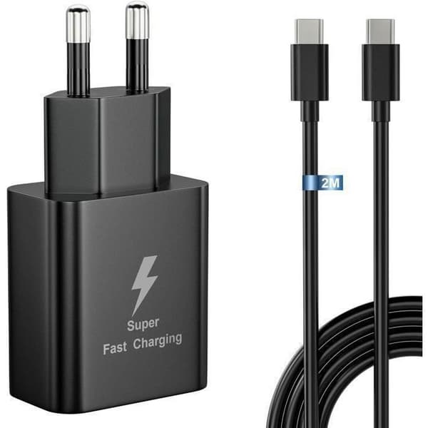 25W Rask USB-C-lader Samsung Galaxy A34 A54 5G, S24 S25 Ultra osv., Flip4 Superrask Vegglader med 2m USB Type-C-kabel USB-C Type-C 2 m Cable USB-C Type-C 2 m Black