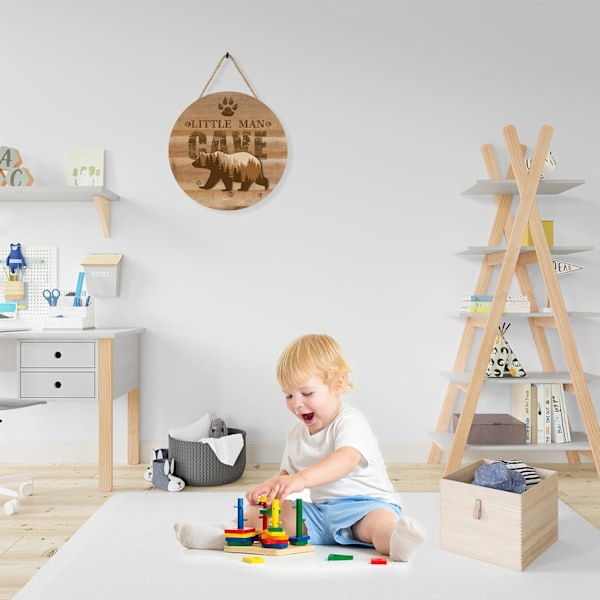 Liten Man Cave-skylt i trä för babyrumsinredning, rustik bondgårdsbjörn väggkonstdekor hängande dekor för barnrum (B) B
