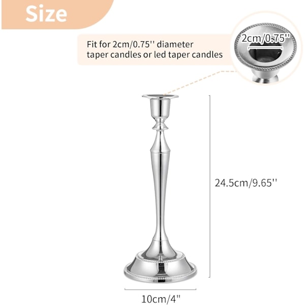 Ljusstake Ljus - 2 Stycken Silver Ljusstakar 24,5 cm Höga Avsmalnande Ljusstakar för Bröllop Födelsedagsfest Bordskiva Öppen Spis Jul