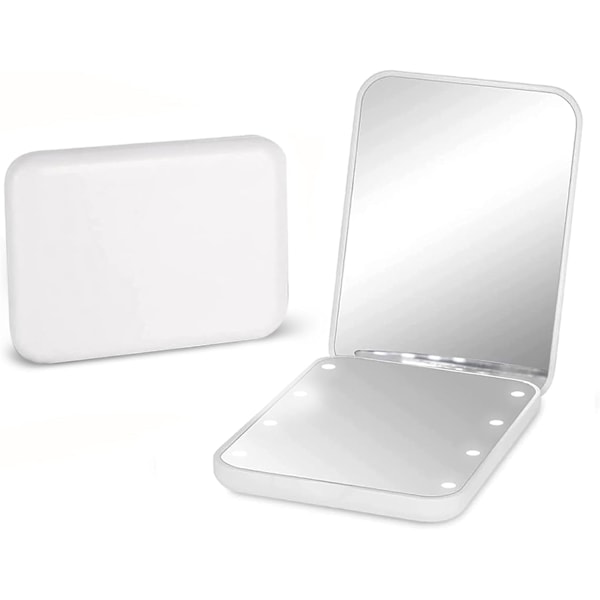 Ficksspegel, Kompakt Resesminkspegel med LED-ljus för Handväska, Bärbar Vikbar Handhållen Liten Belyst Spegel, Vit White