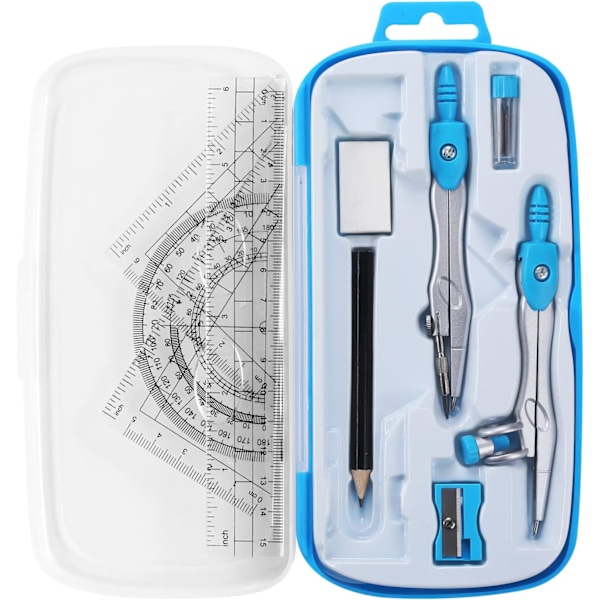 Matematik Geometri Set 10 Delar Elevmaterial med Splittersäker Förvaringslåda, Blå Blue