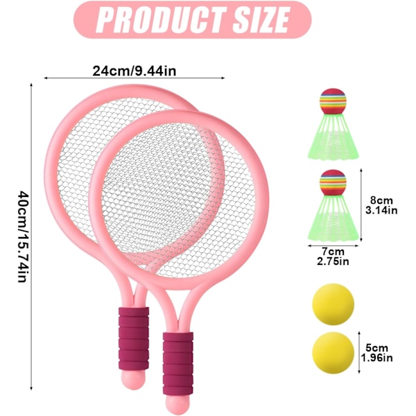 Tennisracketset för barn, med 2 badmintonbollar och 2 tennisbollar, för barn inomhus- och utomhussporter, Rosa pink