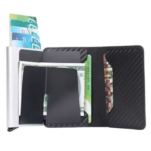 Kulfiber Pop-up Kortholder med RFID Beskyttelse PU Sort sort black