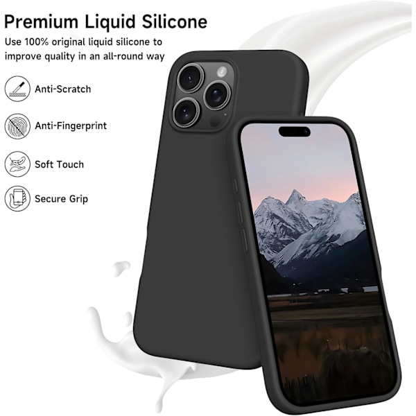 Flytande Silikon Skal för iPhone 16 Pro Max, Fullständigt Skyddande Skal, Mjukt Ultra Slim Telefonskal med Anti-Rep Mikrofiberfoder, 6.9\", Svart iPhone 16 pro max