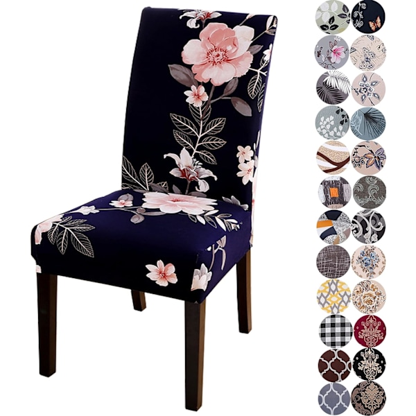 Stretchiga stolsöverdrag för matstolar, stolsöverdrag, stolskydd (Set om 4, Blommor Blå)