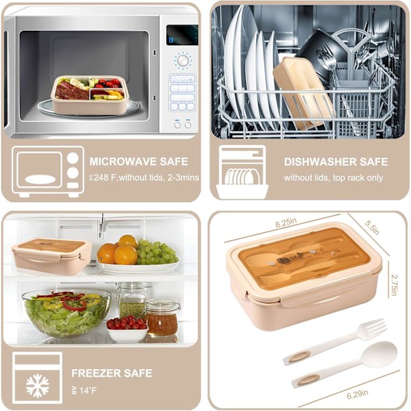 Matlåda Bento Box för Barn, 3 Fack, Läcksäker, Mikrovågssäker (Bestick Ingår, Khaki)