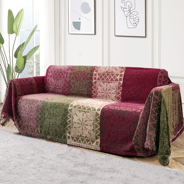 Bohemisk Bomullssofföverdrag för Soffor Tvättbara Sektionssofföverdrag (71\"x 118\", X-Large, Grön Röd) Green Red