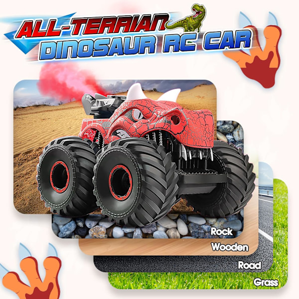 Dinosaurie Fjärrkontrollbilar för Barn, Leksaker för Barn Ålder 3 4 5 6 7 8 År Gammal Pojke Monstertruck 3-9 Pojkar Födelsedagspresenter Utomhusbil, Röd