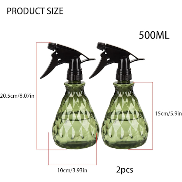 2 st Sprayflaskor, 500 ml/17 oz Tomma Vattensprayflaskor, Återanvändbara Justerbara Dimsprutor i Plast (Grön) Green