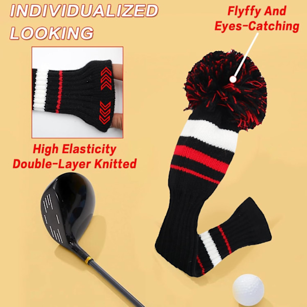 3-pack Pom Golf Head Covers för Woods 1 3 5 Driver Fairway Hybrider, med Nummeretikett, Stickade Golf Head Covers, Marinblå 135
