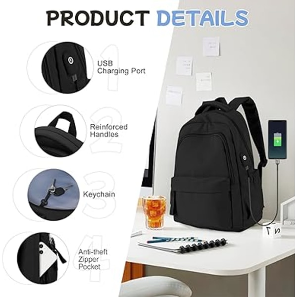Skolryggsäck Dam Lättviktig Skolväska Casual Ryggsäck för College Laptop Ryggsäck för Män Kvinnor Vattenavvisande tonårsryggsäck Reseryggsäck.svart black