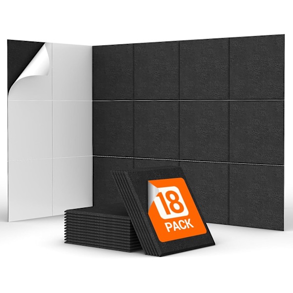 18-pack Självhäftande Akustikpaneler, 30x30x0,9cm Kvadratiska, Högdensitets Termisk Isolering Akustikpaneler för Studio, Spelrum, Kontor, Svart Black