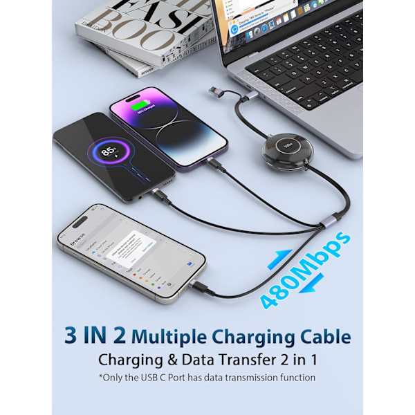 6-i-1 Infällbar iPhone Laddningskabel med E-Mark Chip, 100W USB A/USB C Snabb Infällbar iPhone Laddningskabel med Type C/Micro USB/IP