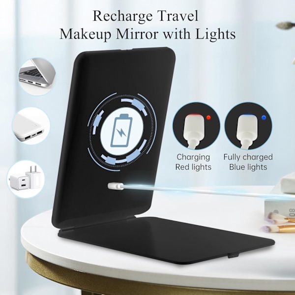 Uppladdningsbar Sminkspegel med LED-lampor, Portabel Belyst Resespegel, 3-Färgsbelysning, Dimbar Touchskärm, Svart black