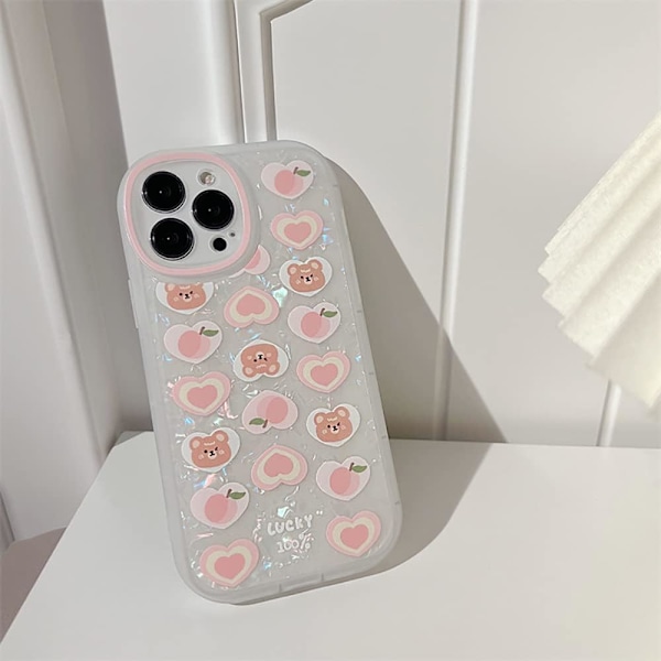 Kompatibel med iPhone 15 Pro Max Skal med Kedja, Sött Estetiskt Kärlekshjärta Björn Mönster Skal med Pärltelefonberlock - björn
