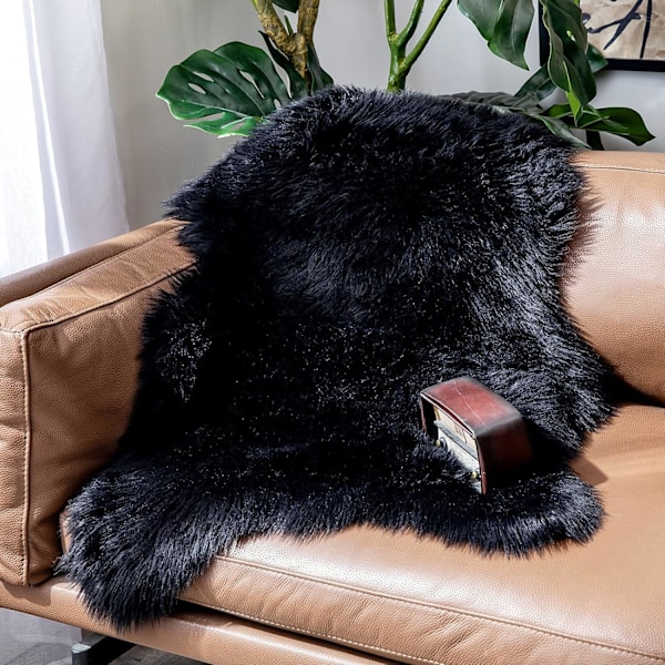 Fuskpäls Mattor, Fårskinnsmatta, Mjuk Luddig Matta för Sovrum Soffa Golv, 60 x 90 cm, Oregelbunden Form, Svart black