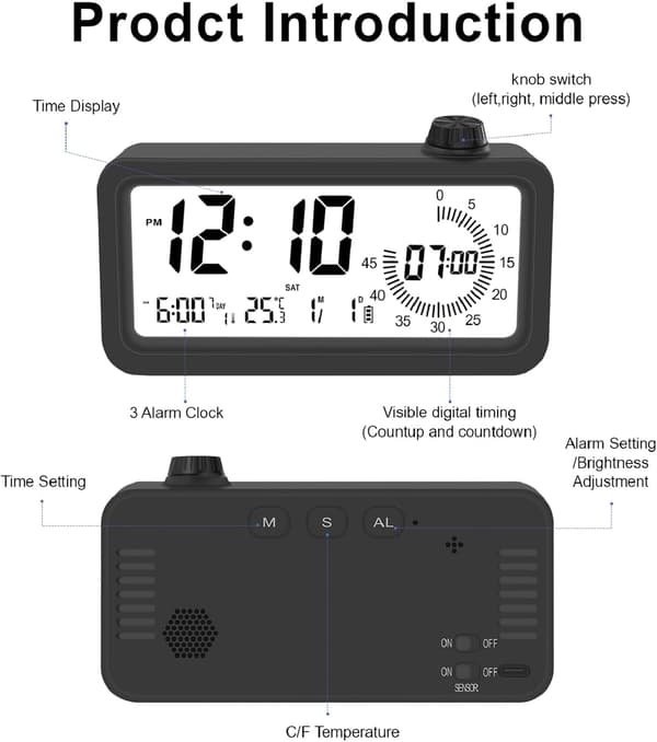 Digital Visuel Timer, 60 Minutters Nedtællingstimer, 3 Alarmtilstande, Temperatur- og Datovisning, til Børnekøkken, Sort black