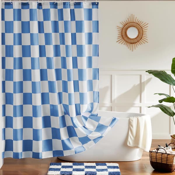 Blåt ternet badeforhæng til badeværelset, smukt retro ternet badeforhæng, maskinvaskbart, 183 x 183 cm