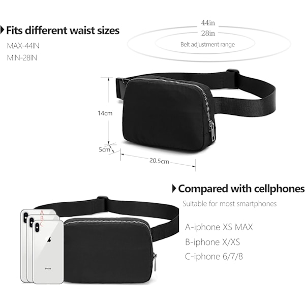 Midjeväska Crossbody Väskor Magväska för Löpning Vandring Resor Träning Justerbar Rem för Kvinnor - Svart black