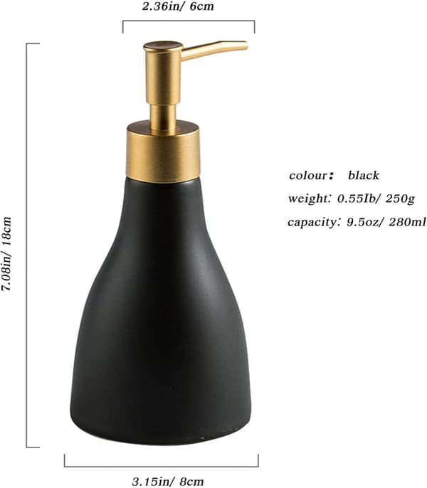 Konisk Håndsæbedispenser til køkken, keramisk opvaskemiddeldispenserflaske til brusebad, guld og sort sæbedispenser til badeværelse, 280 ml/9,5 oz. (Sort)