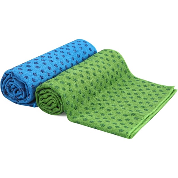 2 ST Torra Halkfria Yogahanddukar (Blå.Grön) Med Mesh Bärväska, Extra Långa (62 x 183cm/24.4tumx73tum) Yogahandduk med Prickgrepp