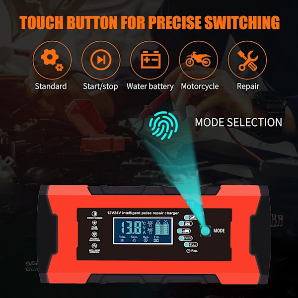 Batteriladdare, 10A 12V/24V 5A Multipel Skydd Batteriladdning, Intelligent LCD-Display, Laddar Automatiskt Motorcykel