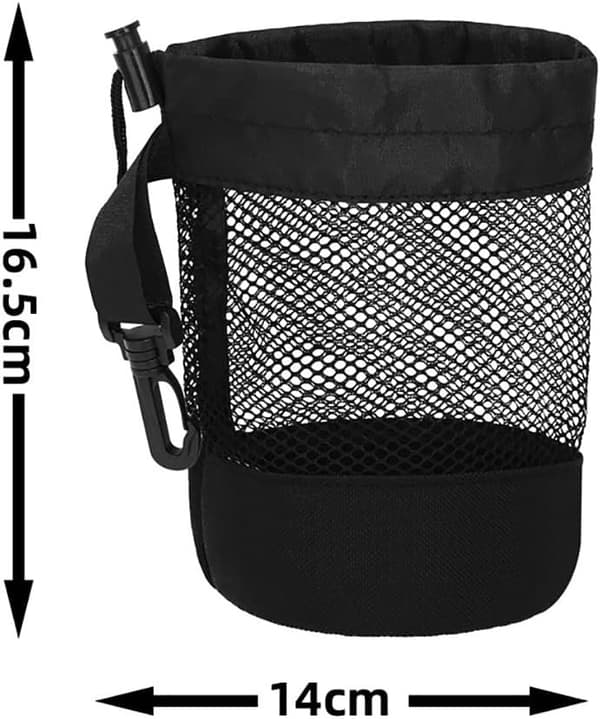 Netpose til golfbolde, snøre i siden, plads til 16 bolde, 16,5 x 14 cm.