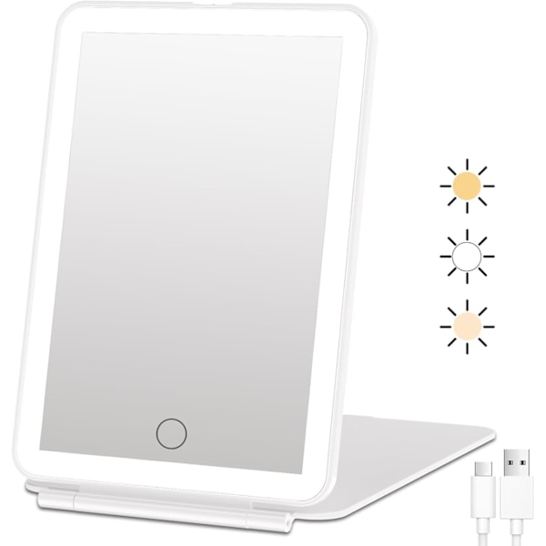 Uppladdningsbar Sminkspegel med LED-lampor, Portabel Belyst Resespegel, 3-färgsbelysning, Dimbar Touchskärm, Vit White