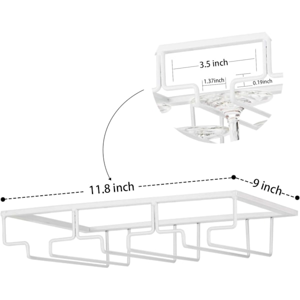 Vinglasställ - Vinglashållare för under skåp, förvaring av glas, hängare i metall, organizer, 3 rader, 1-pack, vit White