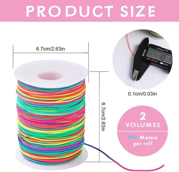 ruller 1 mm 100 meter regnbuefarvet elastiksnor, farverig elastisk armbåndssnor