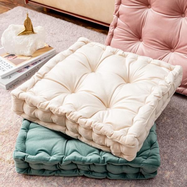 Golvkudde, Fyrkantig Enfärgad Sammets Sittdyna med Handtag Tjockare Kudde (15\" x15\" x3.15\", Beige) Beige