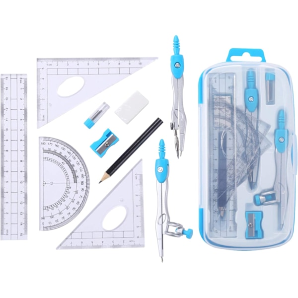 Matematik Geometri Set 10 Delar Elevmaterial med Splittersäker Förvaringslåda, Blå Blue