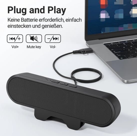 Mini bærbar højttaler / soundbar, 10 watt, USB-interface, kompatibel med bærbare computere, sort.