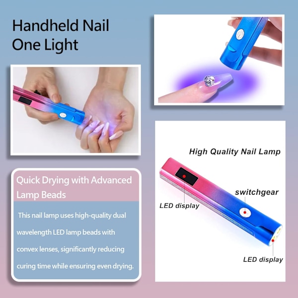 Mini UV Nagellampa med 3 Tidsinställningar, Uppladdningsbar med USB-port, med LED-display, Portabel, för Snabb Torkning och Hemmamanikyr (Färgglad) Gradient blue and red