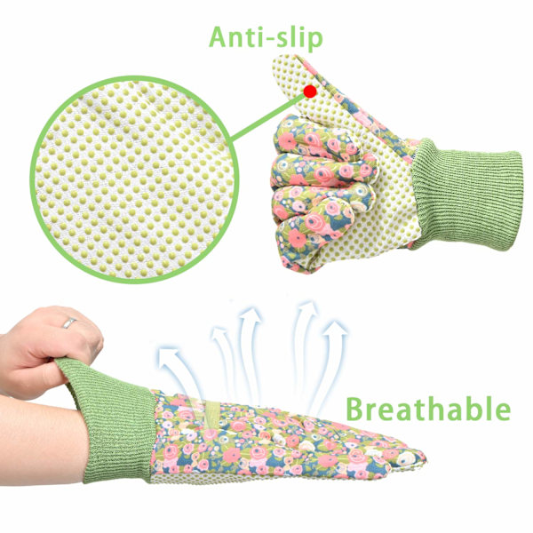 Trädgårdshandskar 2 Par, Andningsbara Halkfria Flexibla Trädgårdsarbetshandskar med Mjuka PVC-prickar (24 cm x 9 cm, Grön)