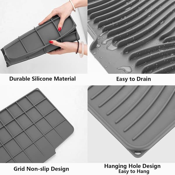 Silikon tørkematte - Oppvaskmatte med drenering - Sklisikker vaskematte for benkeplatebeskyttelse Grå 40x33cm Grey