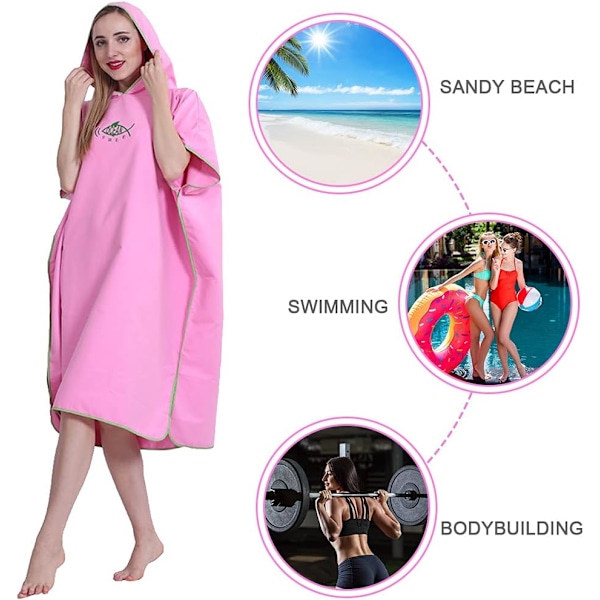 Ombytesrock, Ponchohandduk med huva, Snabbtorkande lätt ombyteshandduk, Universalstorlek för vuxna, för simning och strand (Rosa)