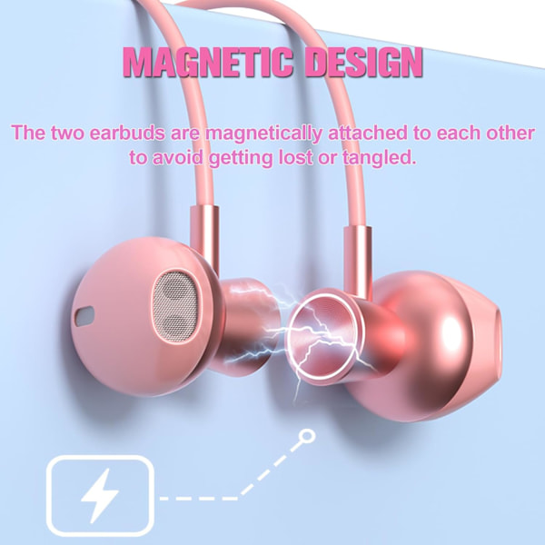 Trådlösa Bluetooth-hörlurar med nackbygel, trådlösa sport- och träningshörlurar, brusreducerande öronsnäckor, trådbundna hörlurar med mikrofon, rosa pink