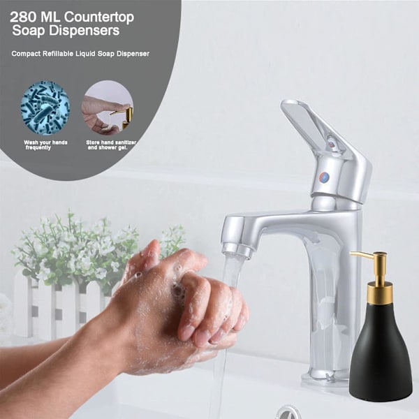 Konisk Håndsæbedispenser til køkken, keramisk opvaskemiddeldispenserflaske til brusebad, guld og sort sæbedispenser til badeværelse, 280 ml/9,5 oz. (Sort)