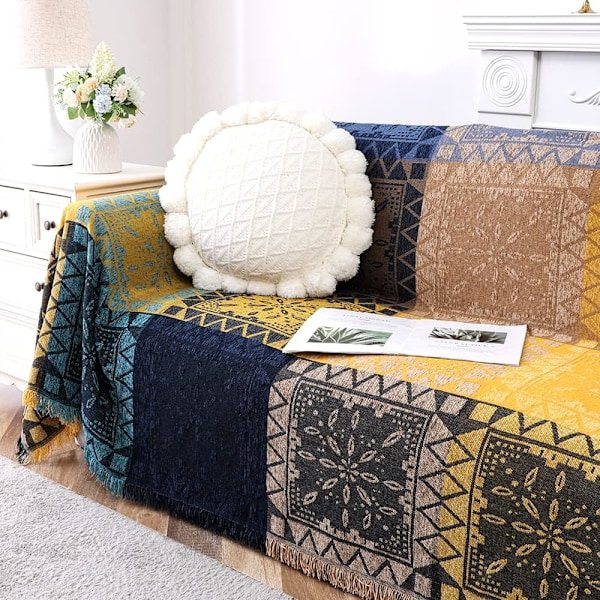 Bohemisk Bomullssofföverdrag för Soffor Tvättbara Sektionssofföverdrag (180 x 300 cm, X-Large, Gul Marinblå) Yellow Navy