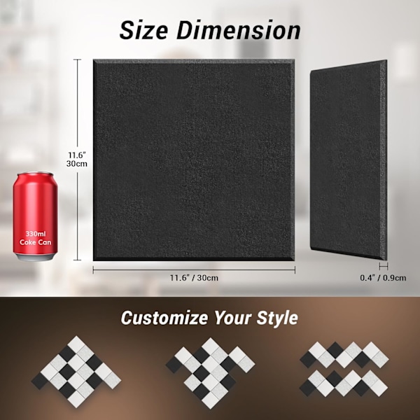 18-pack Självhäftande Akustikpaneler, 30x30x0,9cm Kvadratiska, Högdensitets Termisk Isolering Akustikpaneler för Studio, Spelrum, Kontor, Svart Black